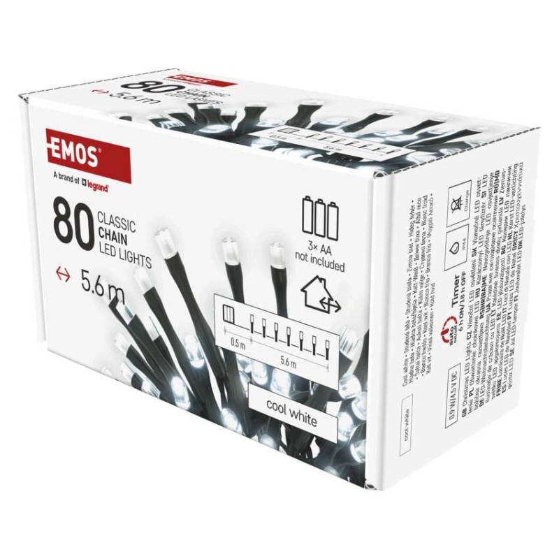 VIANOCE reťaz 80LED 5,6M IP44, 3xAA, studená biela D4FC02