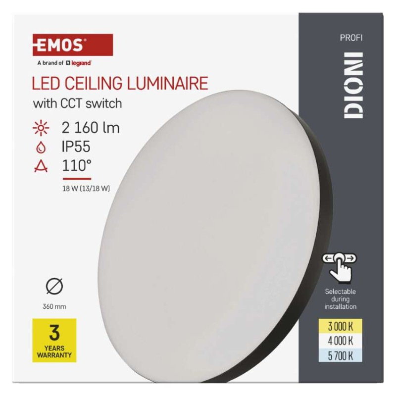 LED SVÍTIDLO DIONI 18W 2160LM IP55 CCT Č 8