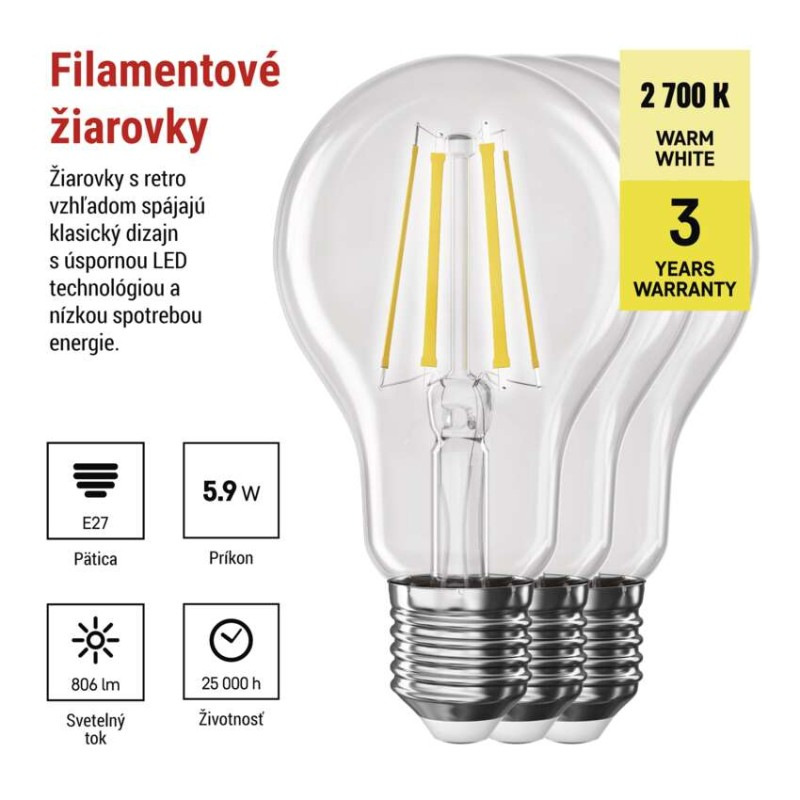 LED FLM A60 5,9W(60W) 806lm E27 WW 3PC 1