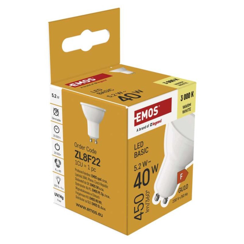 LED BASIC MR16 5,2W(40W) 450lm GU10 WW 6