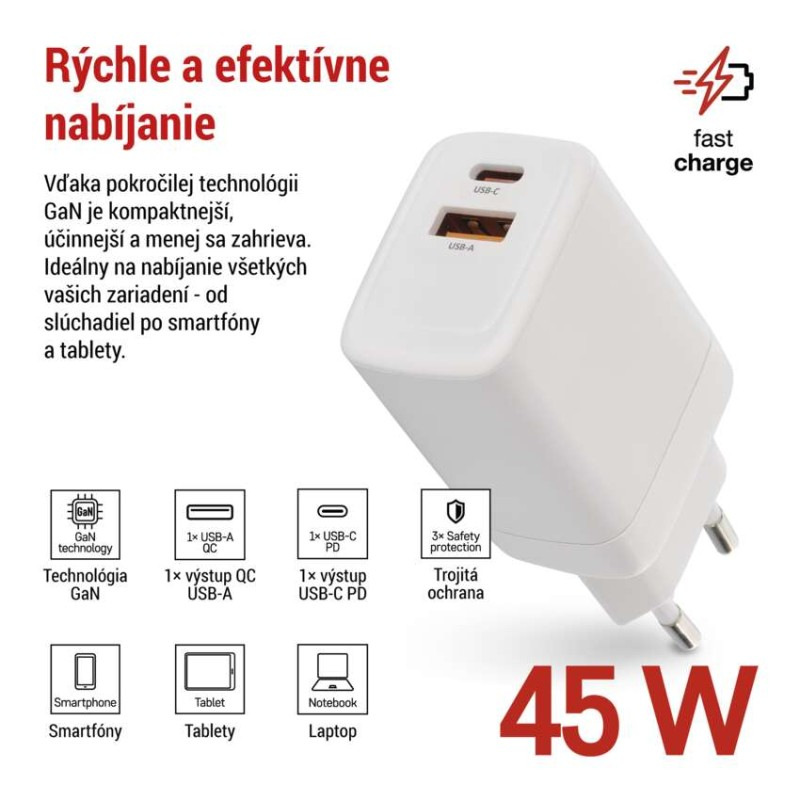 USB ADAPTÉR SÍŤ GAN PD 45W; AC 1