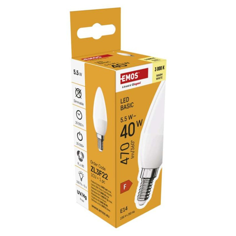 LED BASIC CANDLE 5,5W(40W) 470lm E14 WW 6