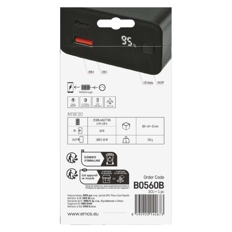 EMOS PWB NTBF20 20000MAH 65W PD 1×USB-C 13