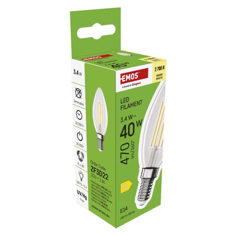 LED FLM CANDLE 3,4W(40W) 470lm E14 WW 7