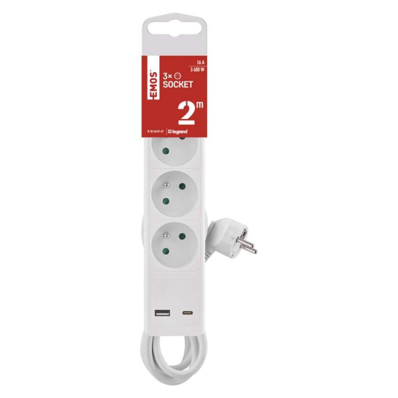 PRODLUŽKA 3Z 2M S VYP. 1,5MM +USB A+C 1