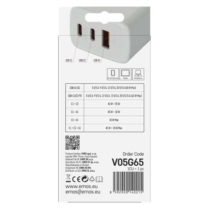 USB ADAPTÉR SÍŤ GAN PD 65W; A2C 8