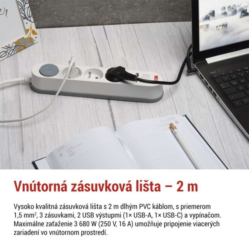 PRODLUŽKA 3Z 2M S VYP. 1,5MM+USB A+C FAS 2