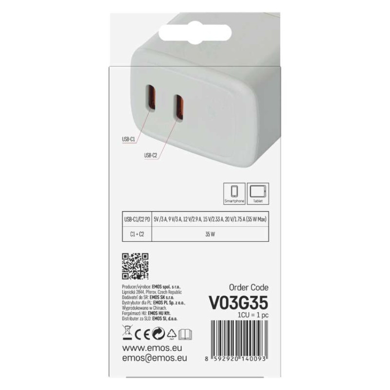 USB ADAPTÉR SÍŤ GAN PD 35W; 2C 8