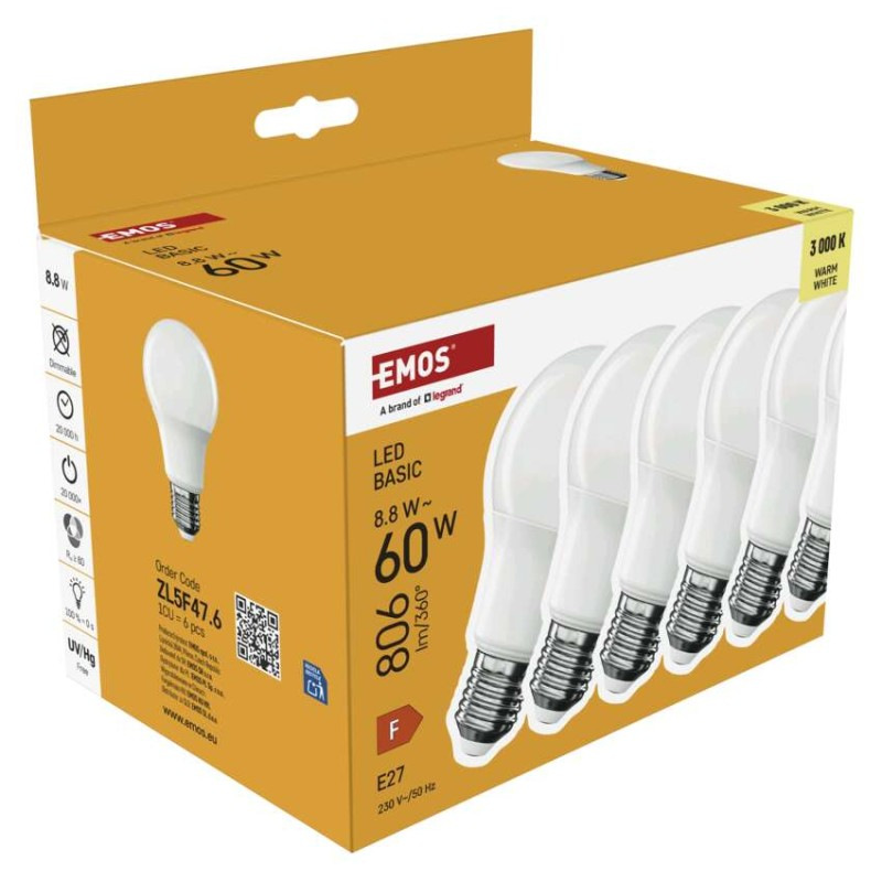 LED BASIC A60 8,8W(60W) 806lm E27 WW 6PC 6