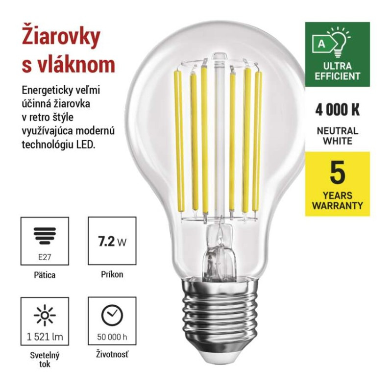 Žiarovka LED FLM 7,2W E27 NW 1521lm 4000K ZF5168 trieda-A 2
