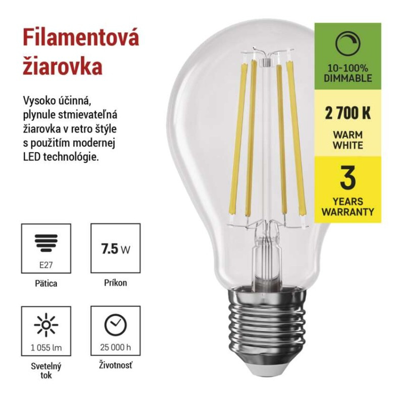 LED FLM A60 DIM 7,5W(75W) 1055 lm E27 WW 2