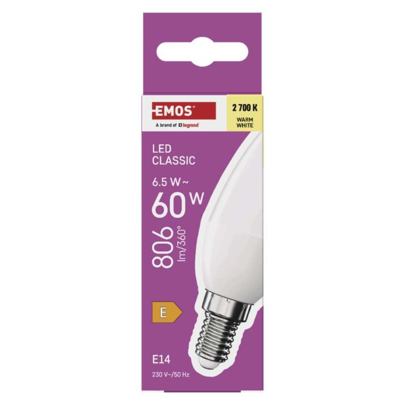 LED CLS CANDLE 6,5W(60W) 806lm E14 WW 1