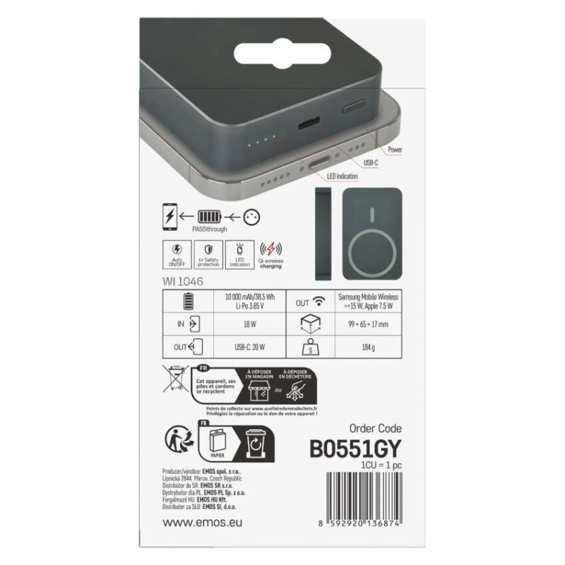 EMOS POWERBANKA WI 1046 10000MAH ŠEDÁ 14