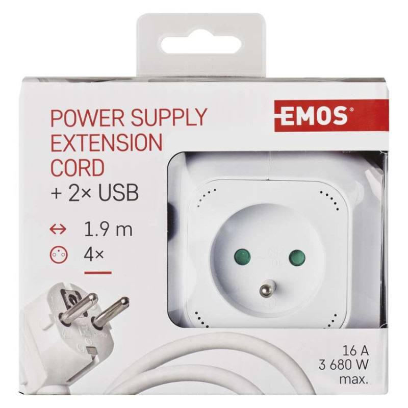 Kábel predlžovací 4Z 1,9m + 2xUSB kocka  P04119U 1