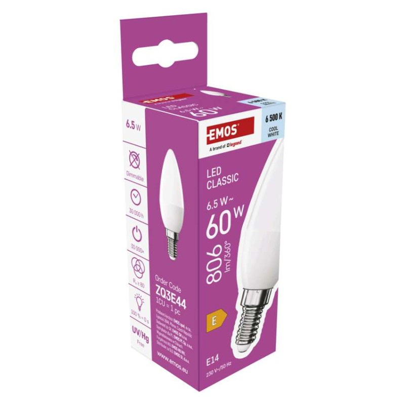 LED CLS CANDLE 6,5W(60W) 806lm E14 CW 7