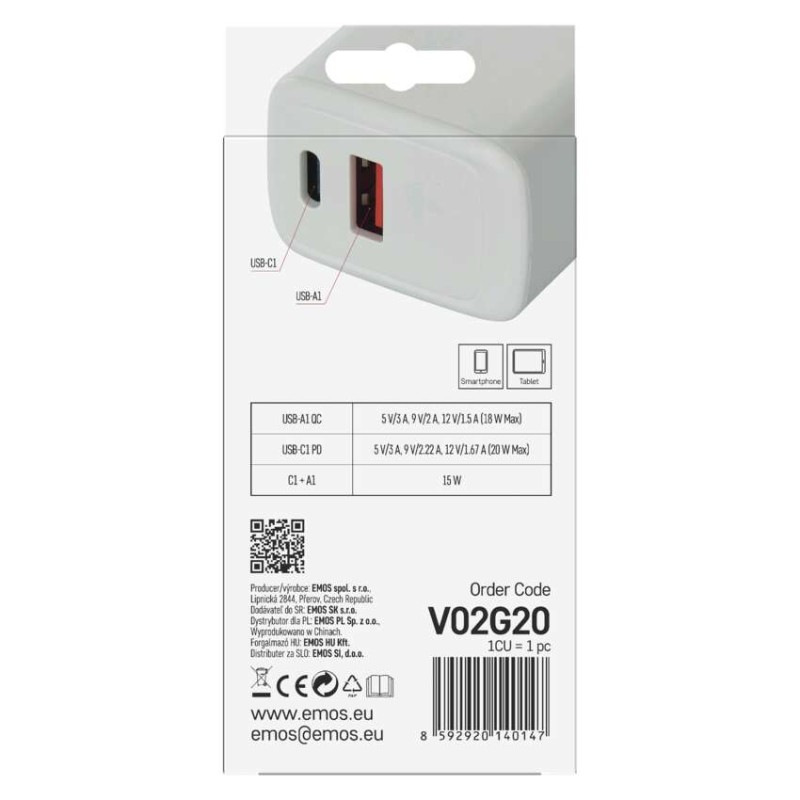 USB ADAPTÉR SÍŤ GAN PD 20W; AC 8