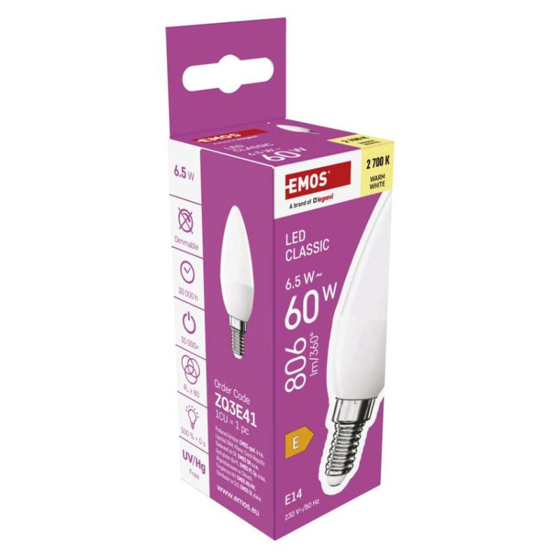 LED CLS CANDLE 6,5W(60W) 806lm E14 WW 8