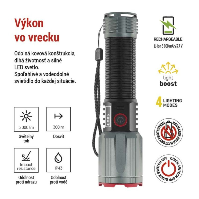 LED NABÍJECÍ SVÍTILNA KOV. LARGE 3000lm, 1