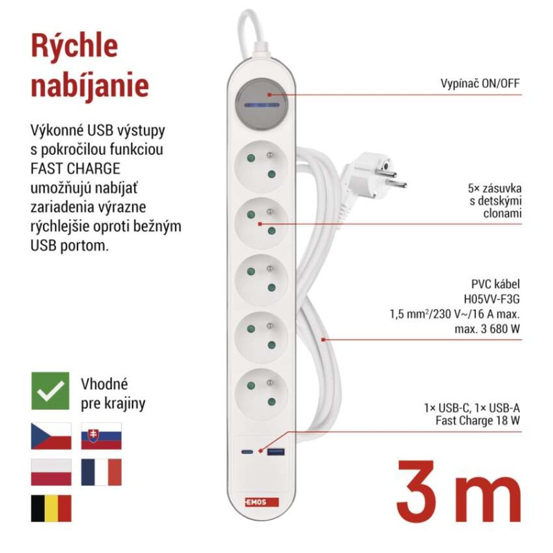 PRODLUŽKA 5Z 3M S VYP.1,5MM+USB A+C FAST 3