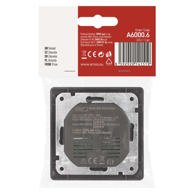 Zásuvka s USB A+C 3A antracit A6000.6 EMOS 5