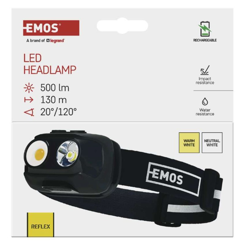 NABÍJECÍ ČELOVKA COB LED + LED TEPLÁ/NEU