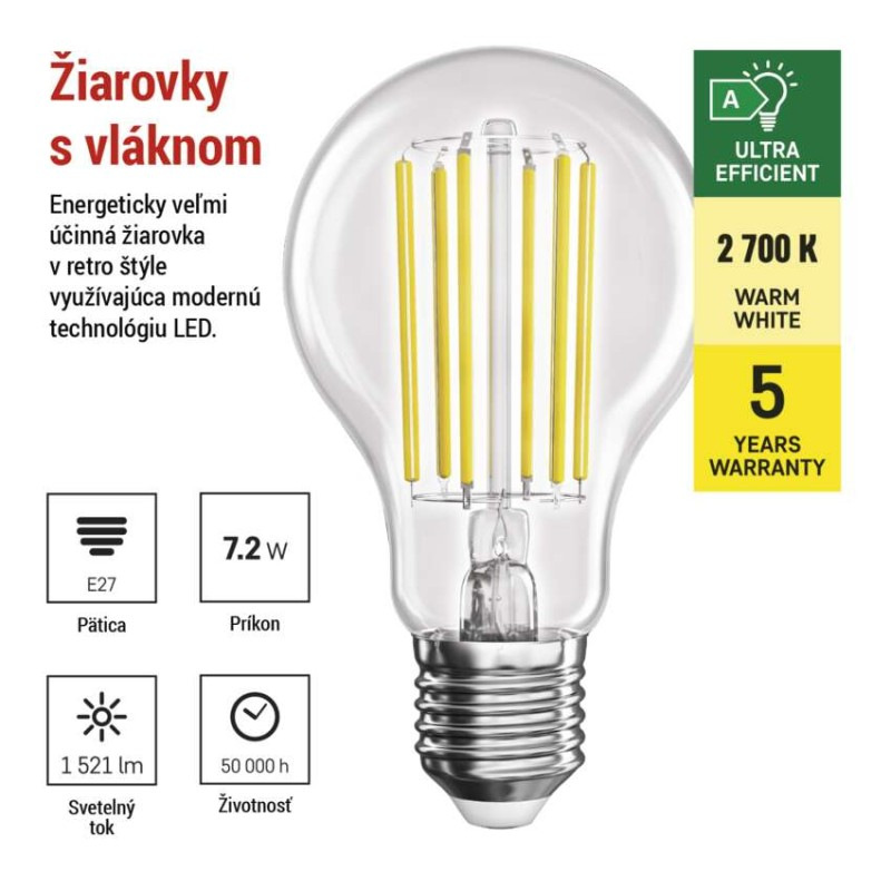Žiarovka LED FLM 7,2W E27 WW 1521lm 2700K ZF5167 trieda-A 2