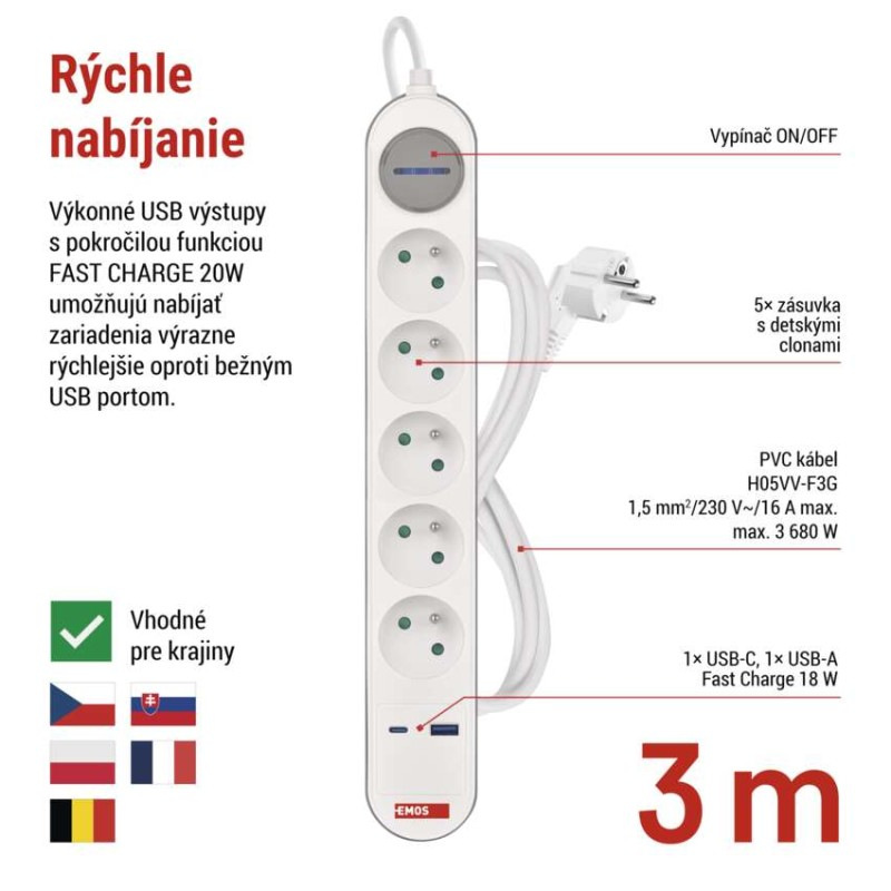 PRODLUŽKA 5Z 3M S VYP.1,5MM+USB A+C FAST 3