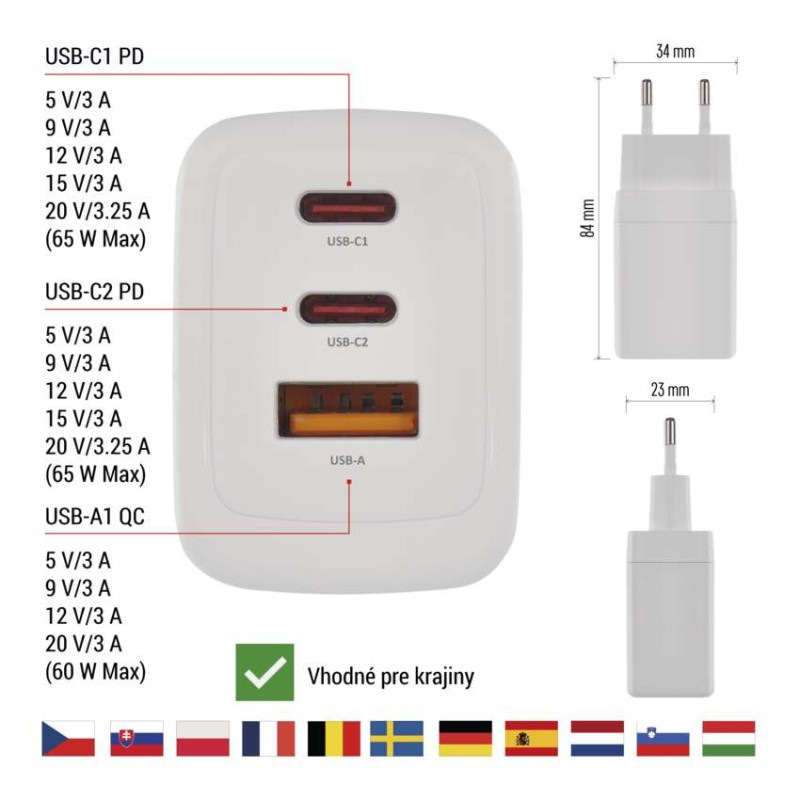 USB ADAPTÉR SÍŤ GAN PD 65W; A2C 3