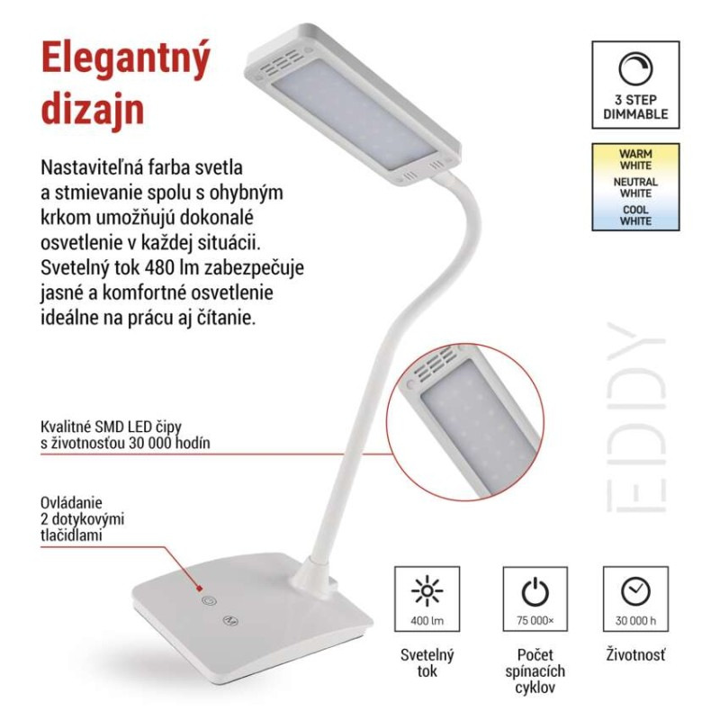 Stolná lampa LED EDDY 480lm, 6W, biela Z7599W EMOS 4