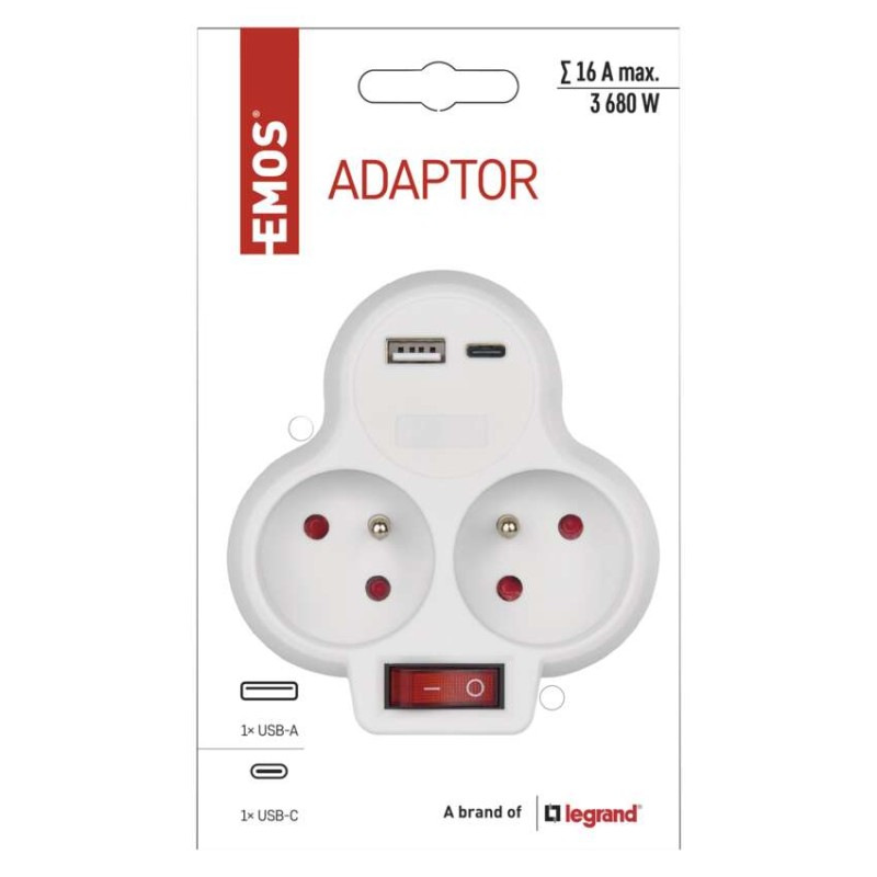ZÁSUVKA ROZBOČOVACÍ 2×, VYP., 1×USB-A+1× 4