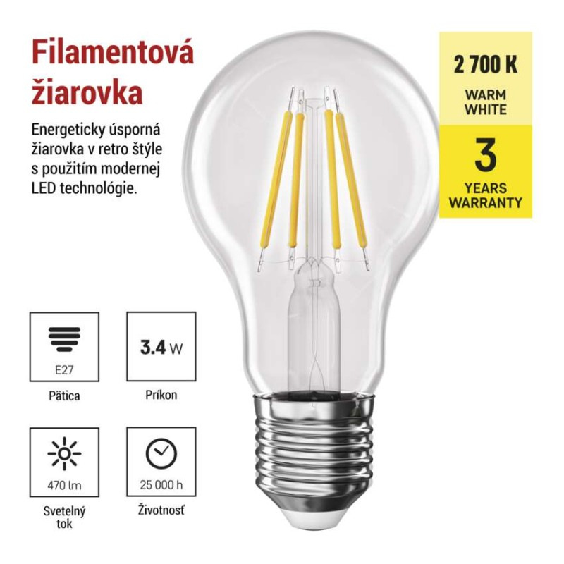 LED FLM A60 3,4W(40W) 470lm E27 WW 1