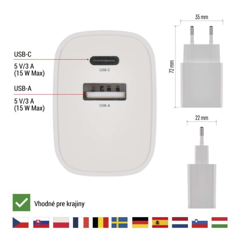 USB ADAPTÉR BASIC SÍŤ 15W; AC 3
