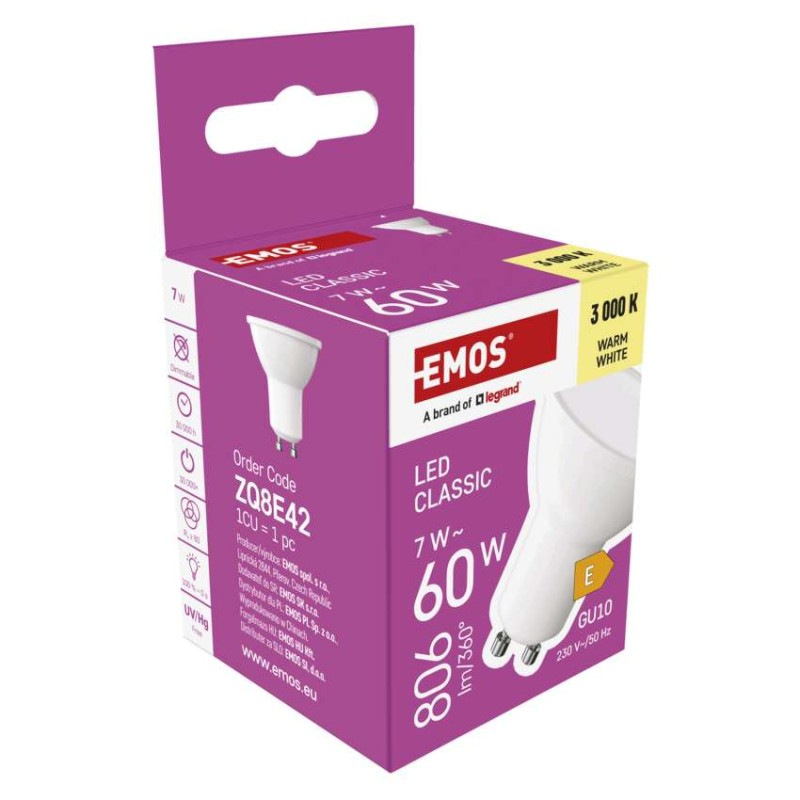 Žiarovka LED CLS 7W GU10 WW 806lm ZQ8E42 EMOS 12