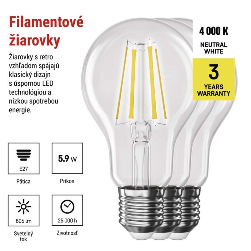 LED FLM A60 5,9W(60W) 806lm E27 NW 3PC 1