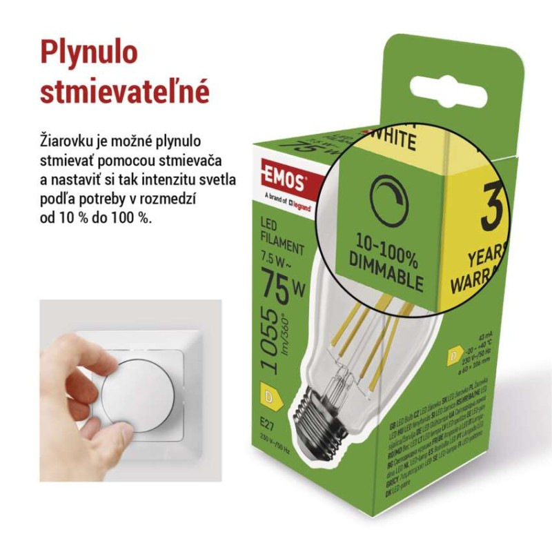 LED FLM A60 DIM 7,5W(75W) 1055 lm E27 WW 3