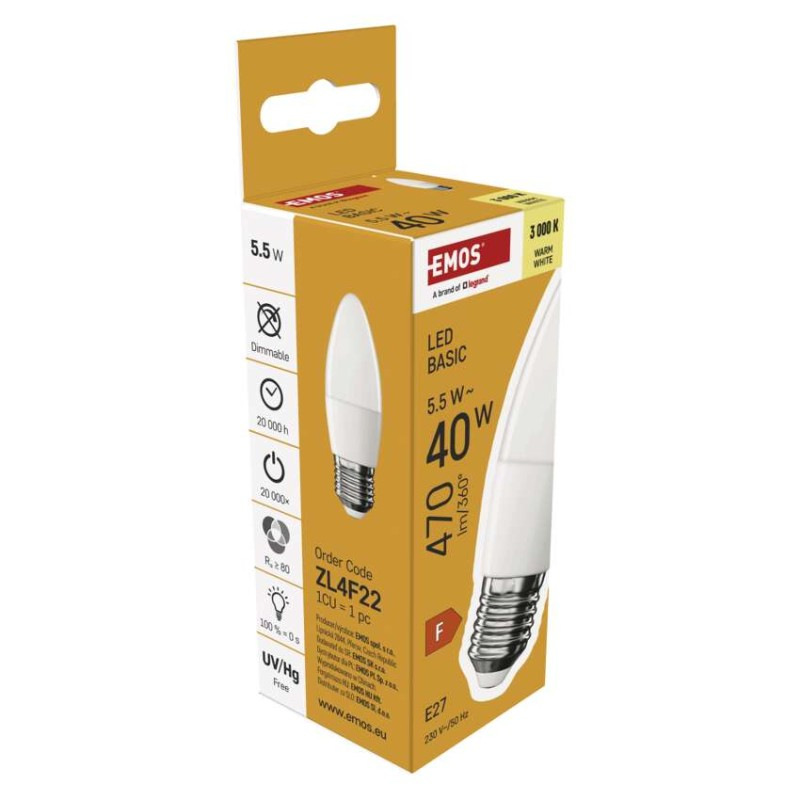 LED BASIC CANDLE 5,5W(40W) 470lm E27 WW 6