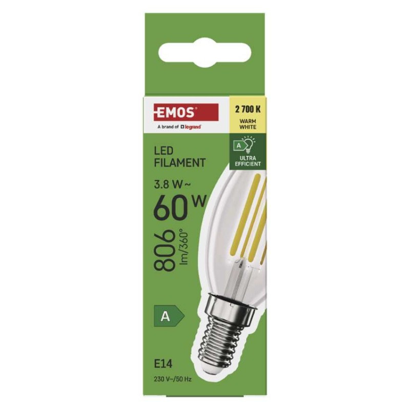 LED FLM CANDLE 3,8W(60W) 806lm E14 WW A 8