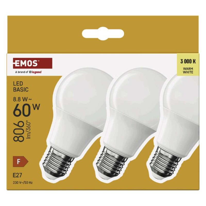 LED BASIC A60 8,8W(60W) 806lm E27 WW 3PC 4