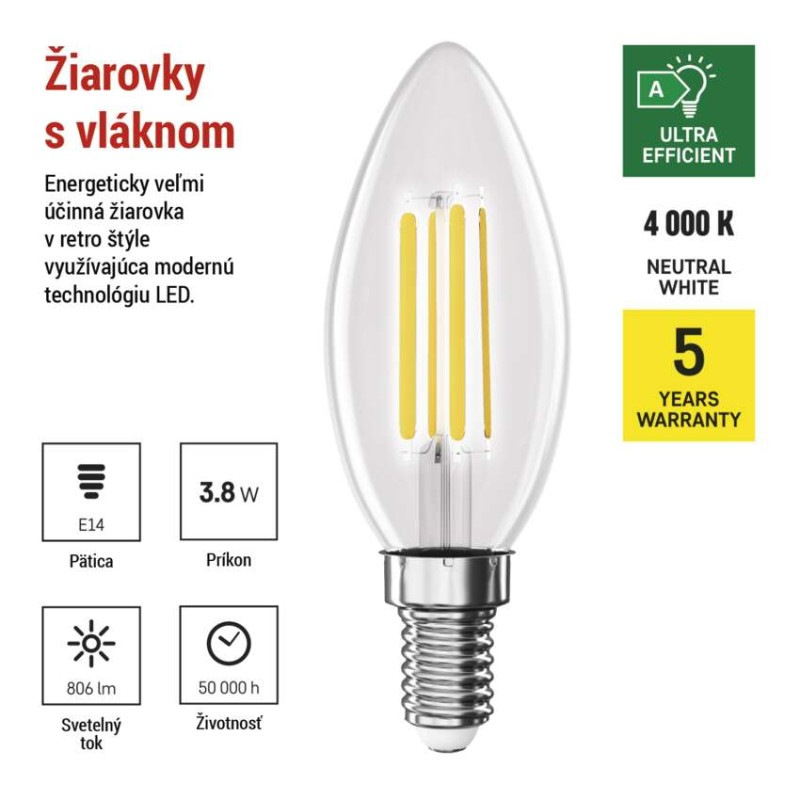 LED FLM CANDLE 3,8W(60W) 806lm E14 NW A 2