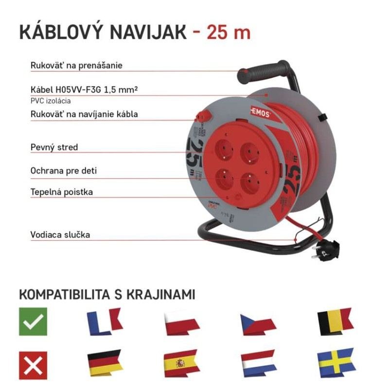 Káblový bubon predl. 4Z-25m červený PVC 3x1,5mm2 6