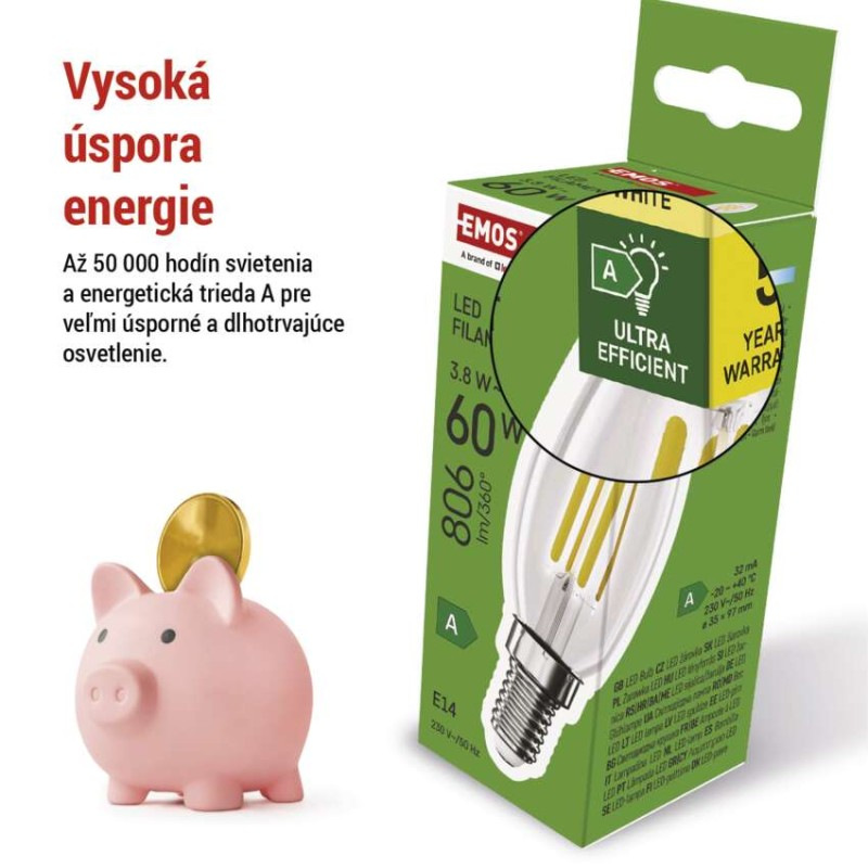 LED FLM CANDLE 3,8W(60W) 806lm E14 WW A 3