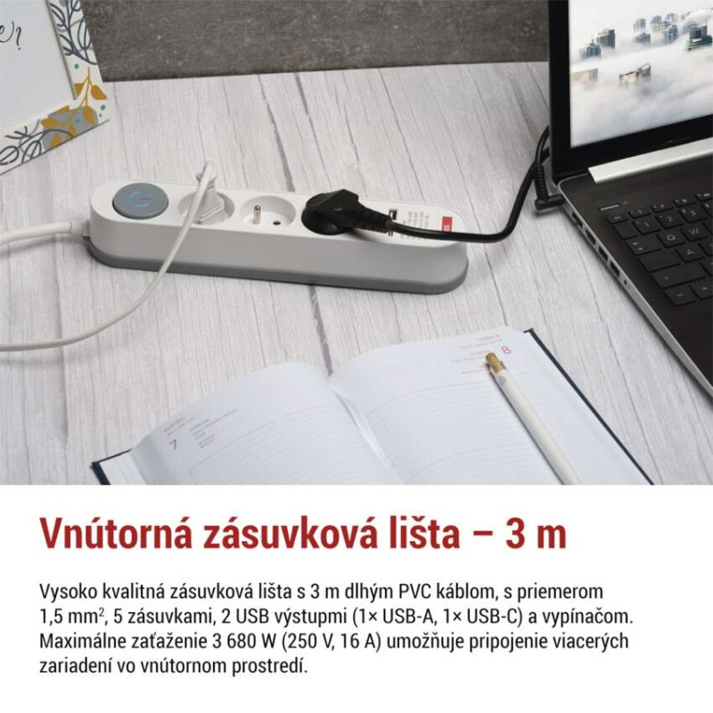 PRODLUŽKA 5Z 3M S VYP.1,5MM+USB A+C FAST 2