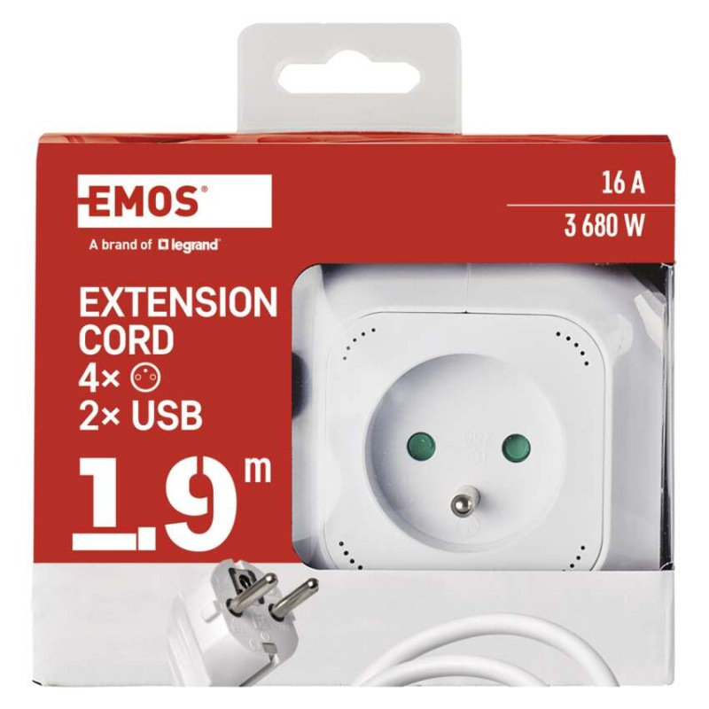 Kábel predlžovací 4Z 1,9m + 2xUSB kocka  P04119U