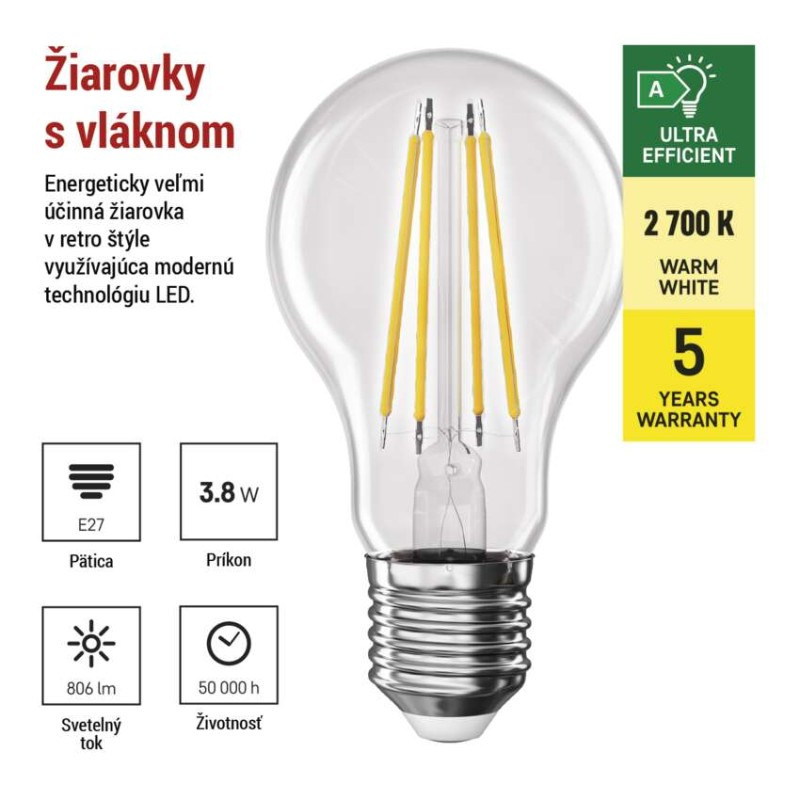 LED FLM A60 3,8W(60W) 806lm E27 WW 1