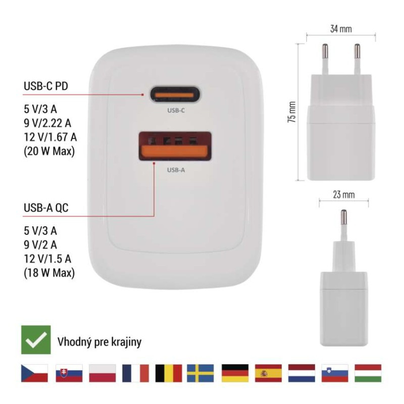 USB ADAPTÉR SÍŤ GAN PD 20W; AC 3