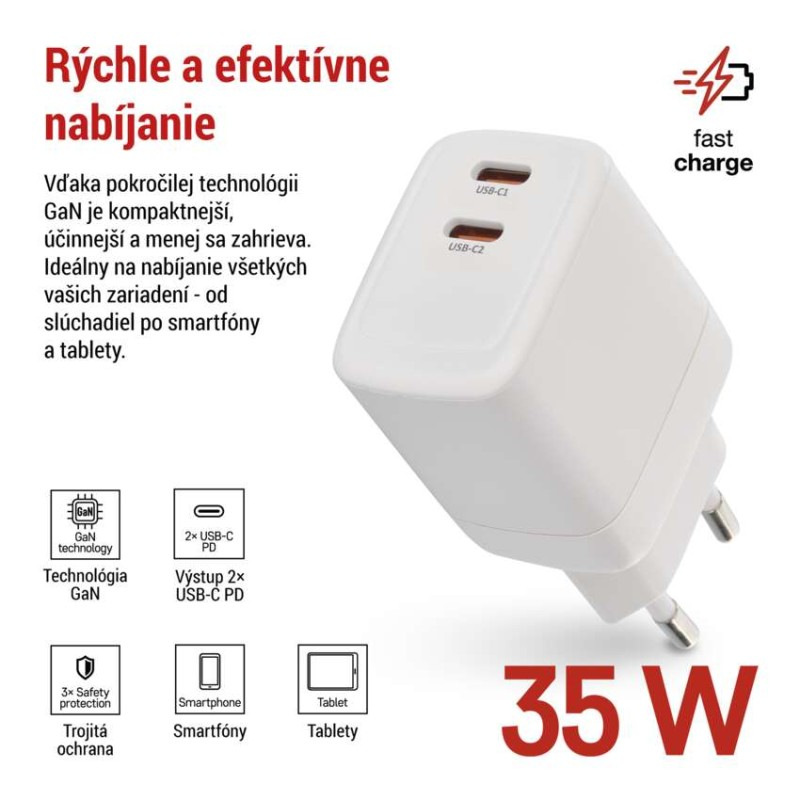USB ADAPTÉR SÍŤ GAN PD 35W; 2C 1