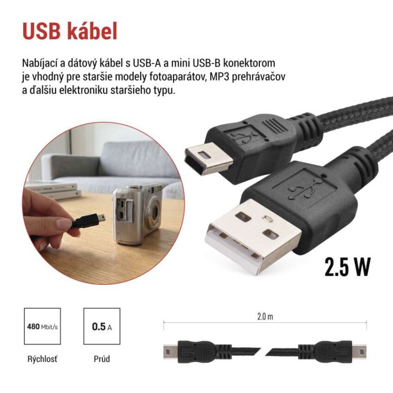 USB 2.0 A/M-MINI B/M 2M ČERNÁ