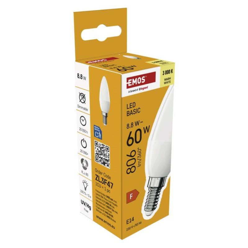 LED BASIC CANDLE 8,8W(60W) 806lm E14 WW 6