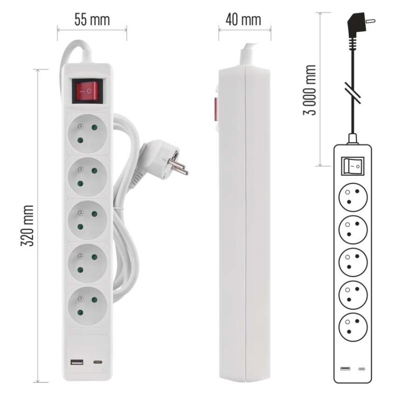 PRODLUŽKA 5Z 3M S VYP. 1,5MM+USB A+C 9