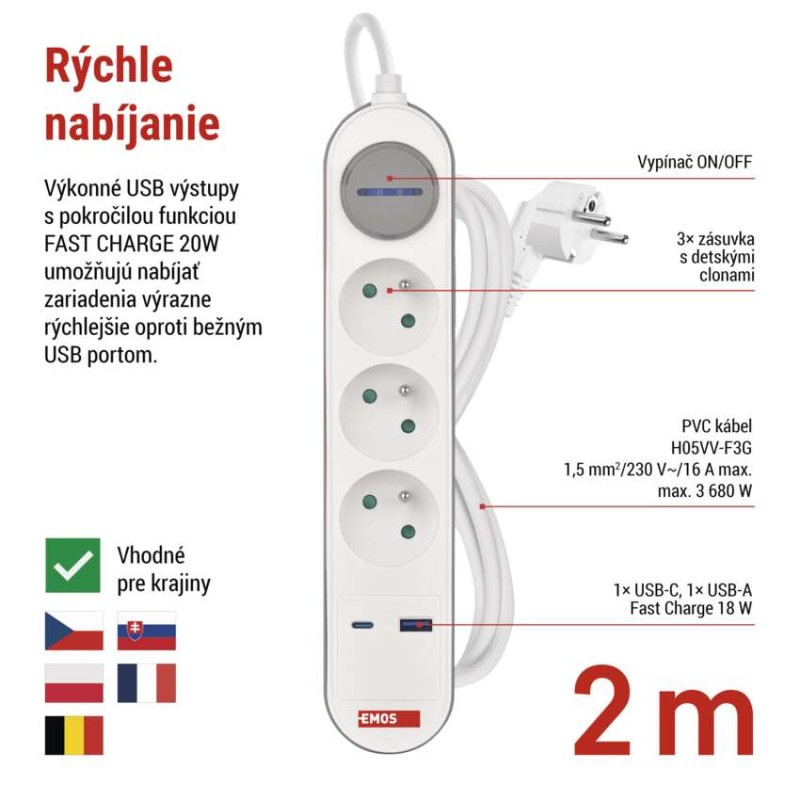 PRODLUŽKA 3Z 2M S VYP. 1,5MM+USB A+C FAS 3
